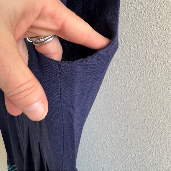 Vintage Navy Blue and Green Embroidered Linen Dress - Picture 7 of 13